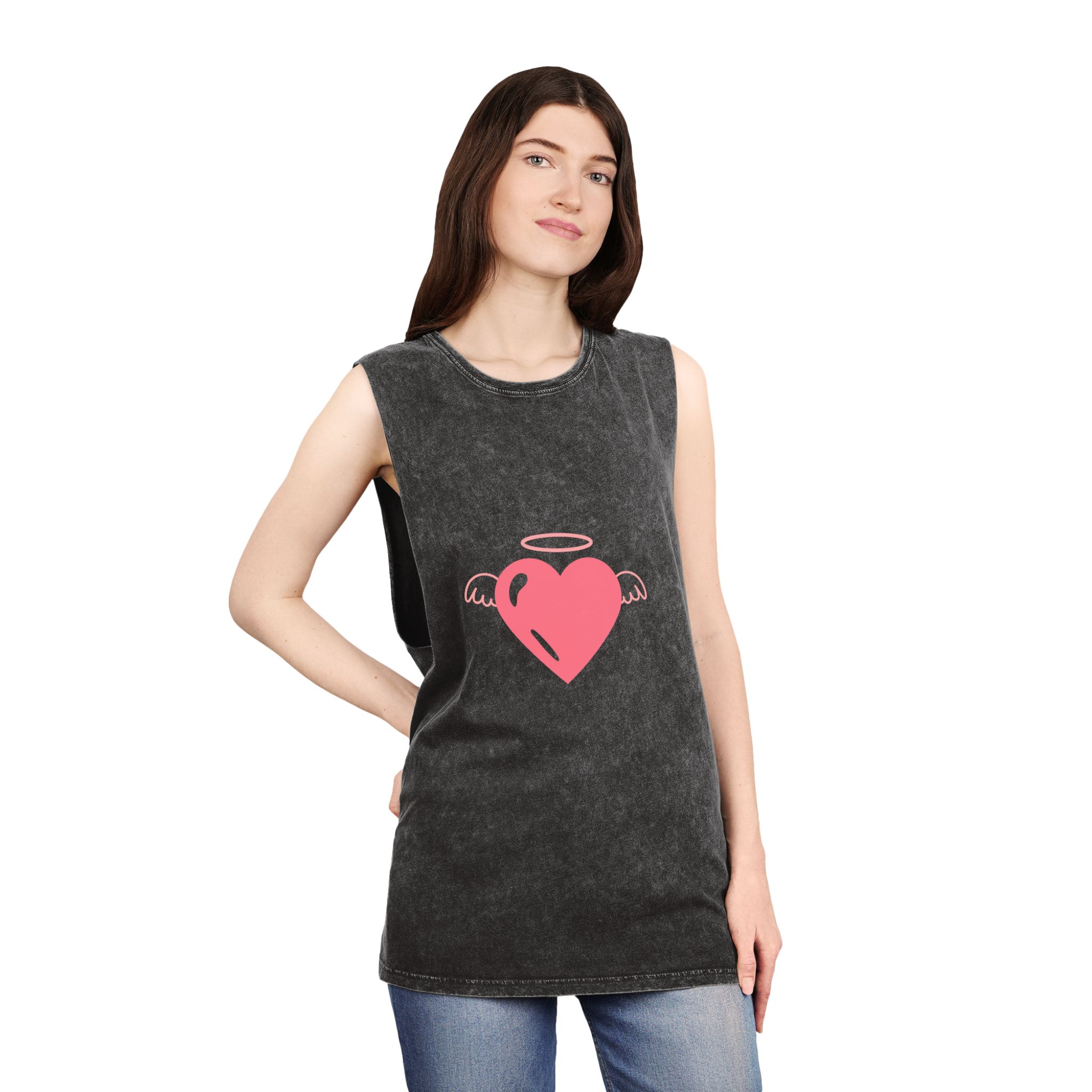 Angel Heart Icon Pink Cute Element Graphic Vector Unisex Stonewash Tank Top - Image 4