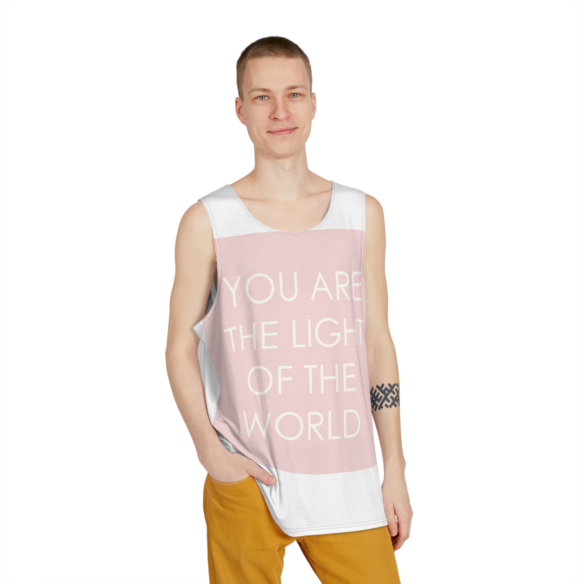 You Are Light World Motivational Biblical Quote Pink Background Mens Tank Aop - Image 3