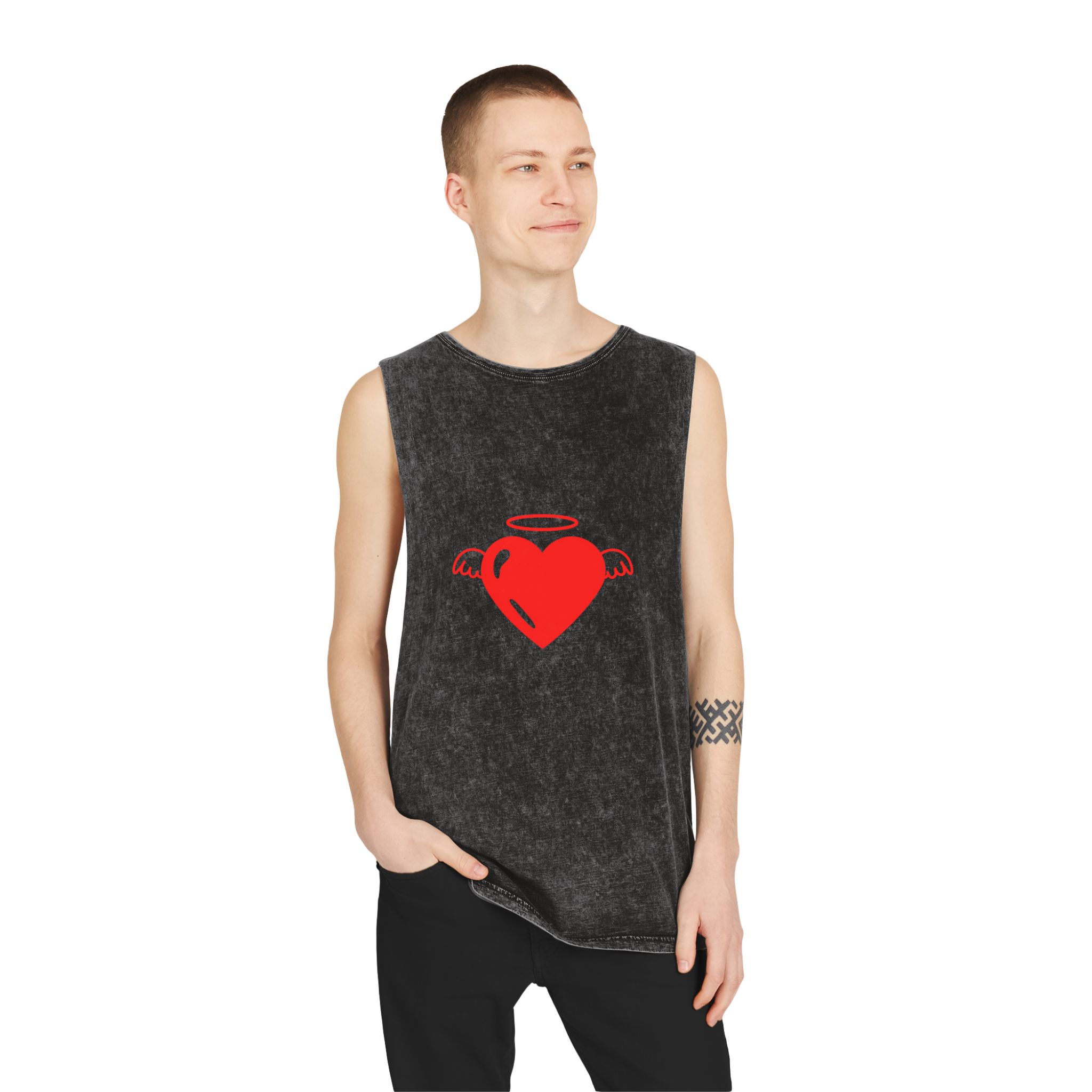 Angel Heart Icon Red Cute Element Graphic Vector Unisex Stonewash Tank Top - Image 3