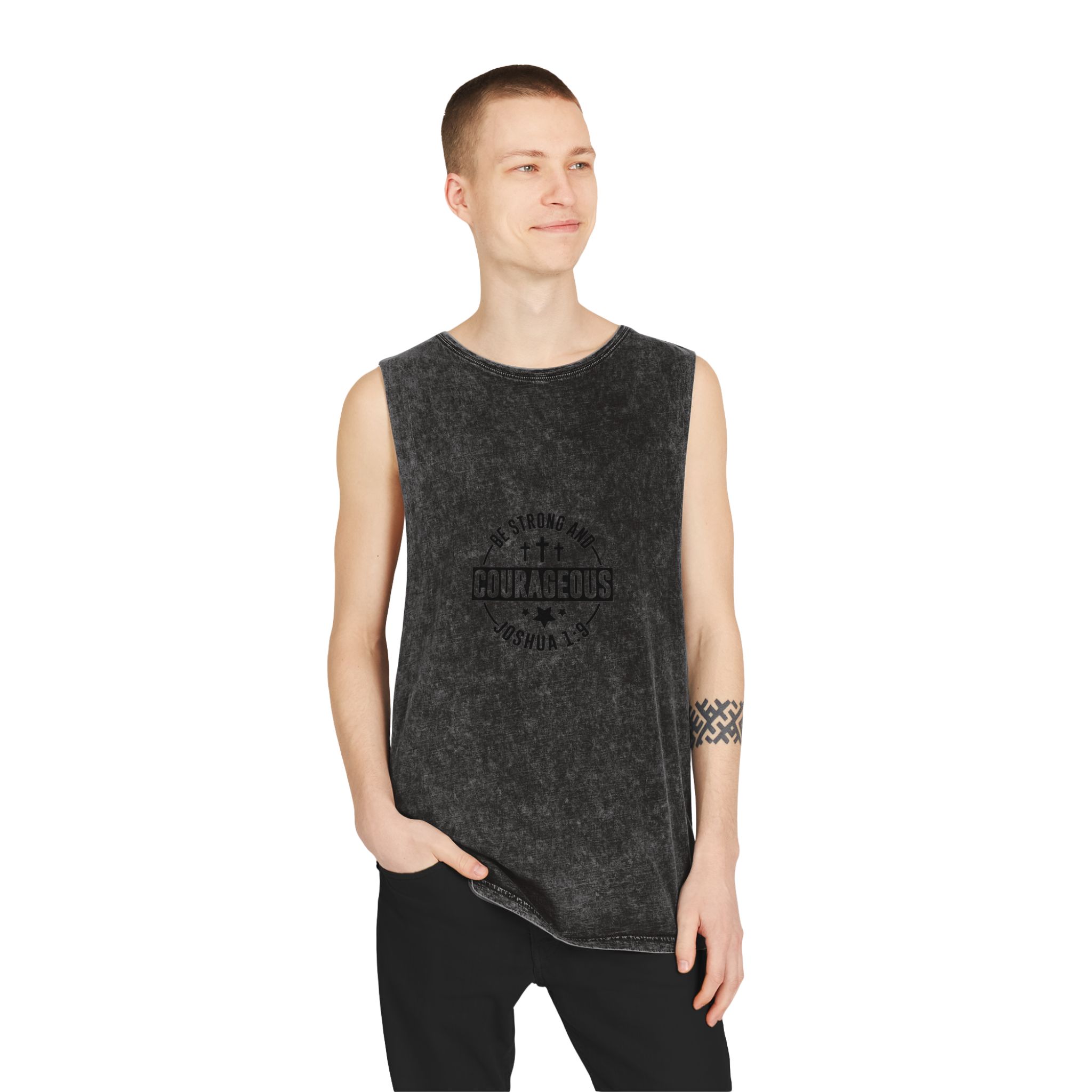 Be Strong and Courageous Unisex Stonewash Tank Top - Image 3