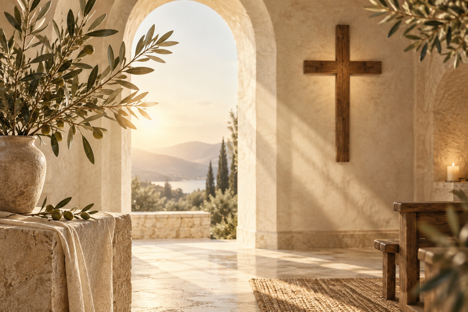 sunlight through a simple chapel arch, olive branches and subtle wooden cross, warm ivory and muted gold, reverent editorial art